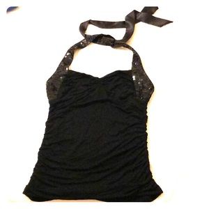 Black tie around neck embellished tank.